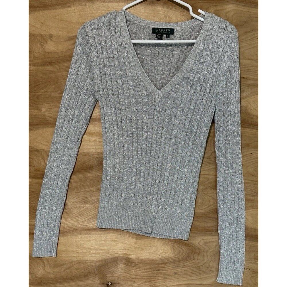 Ralph Lauren LRL Small Silk Blend Sweater Silver Metallic Pullover Cable Knit